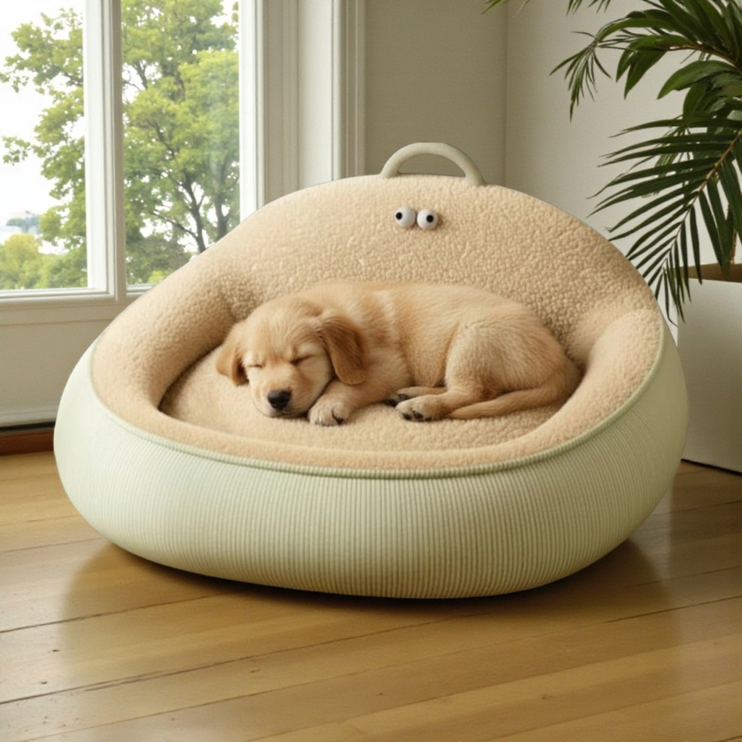 panier chien vert avec un chiot dort