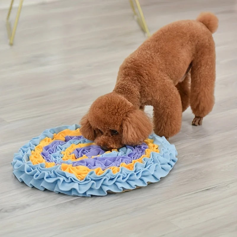 tapis de fouille chien bleu jaune mauve