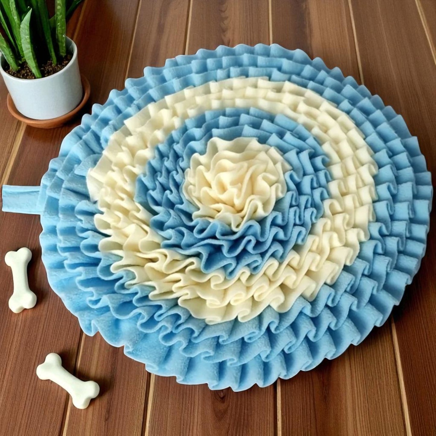 tapis de fouille chien bleu plancher bois
