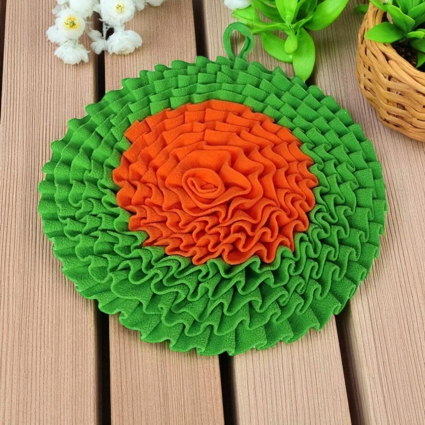 tapis de fouille chien vert orange bois