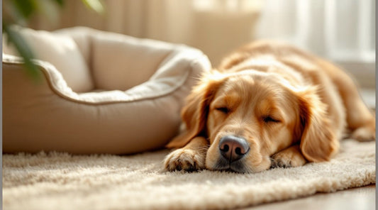 chien dormant par terre à côté d'un panier pour chien confortable