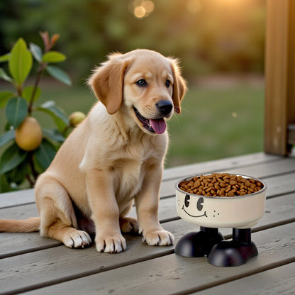 gamelle chien surélevée blanc avec un petit chien