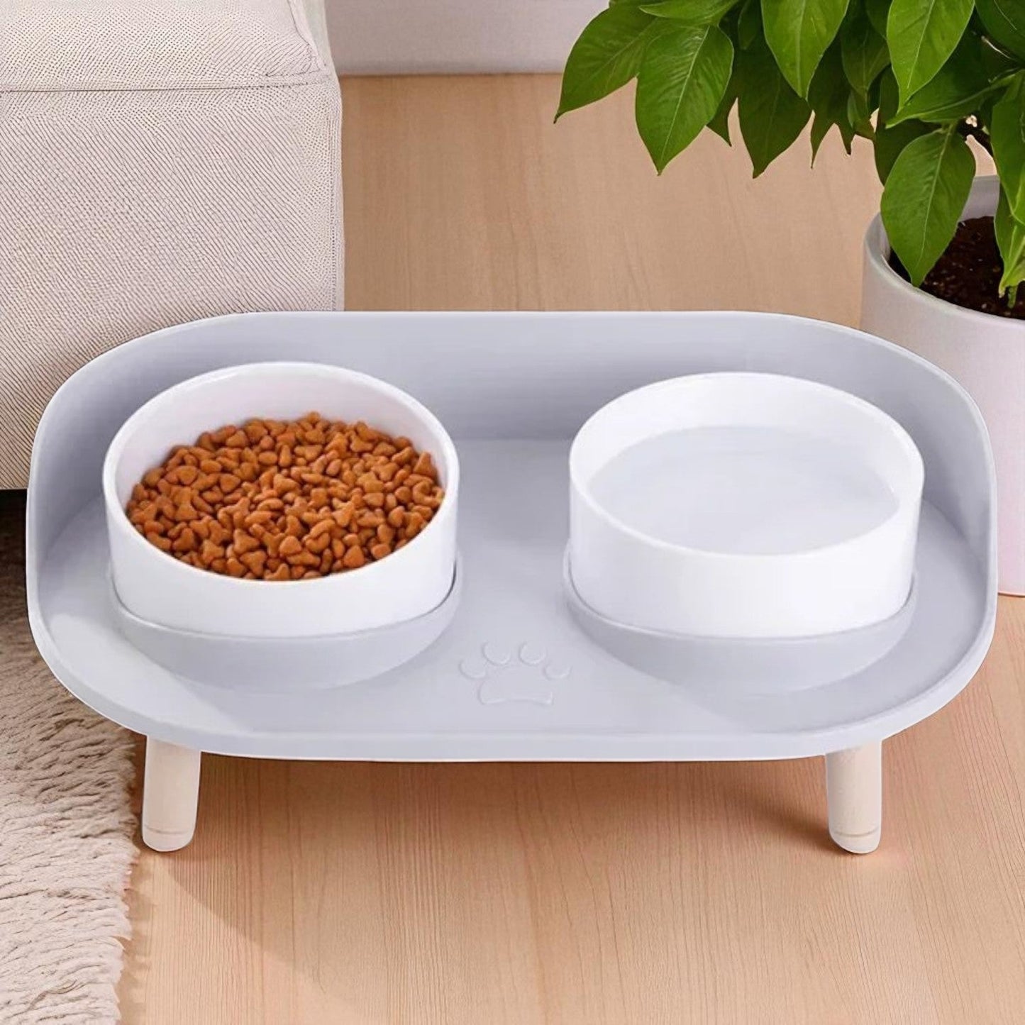 Gamelle Chien Surélevée gris bols blancs