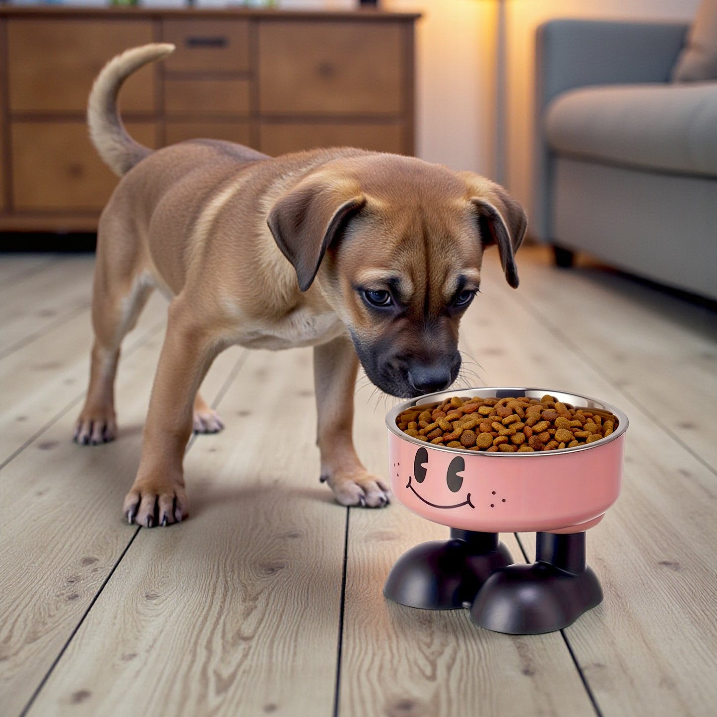 gamelle chien surélevée rose avec un chiot