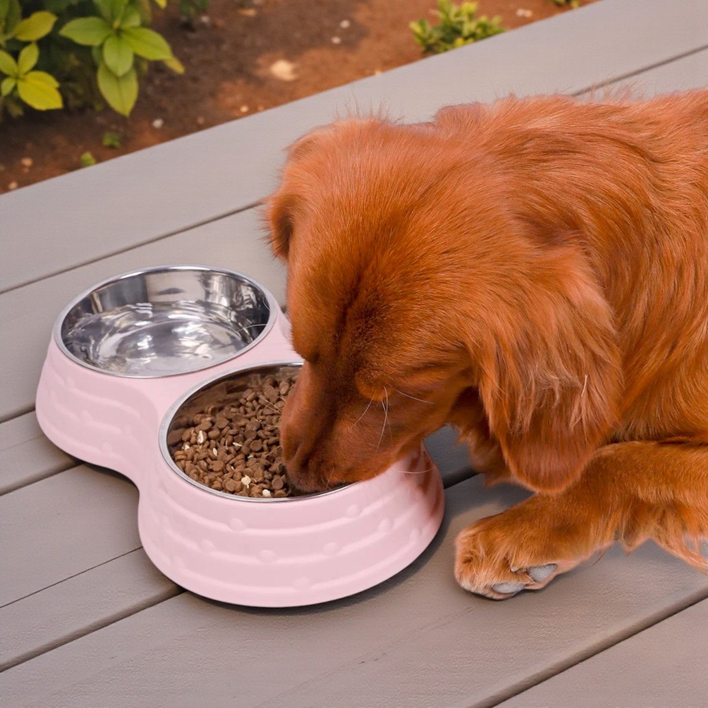 Gamelle Double Inoxydable rose chien mange