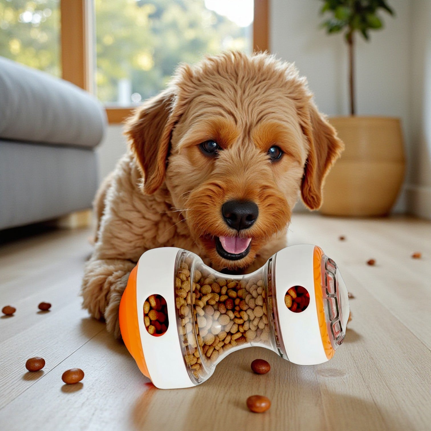 jouet pour chien interactif avec un chien beige
