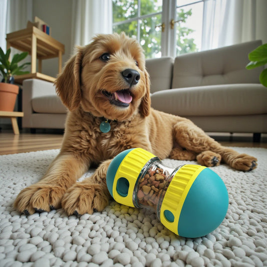 jouet pour chien interactif bleu jaune avec un chien