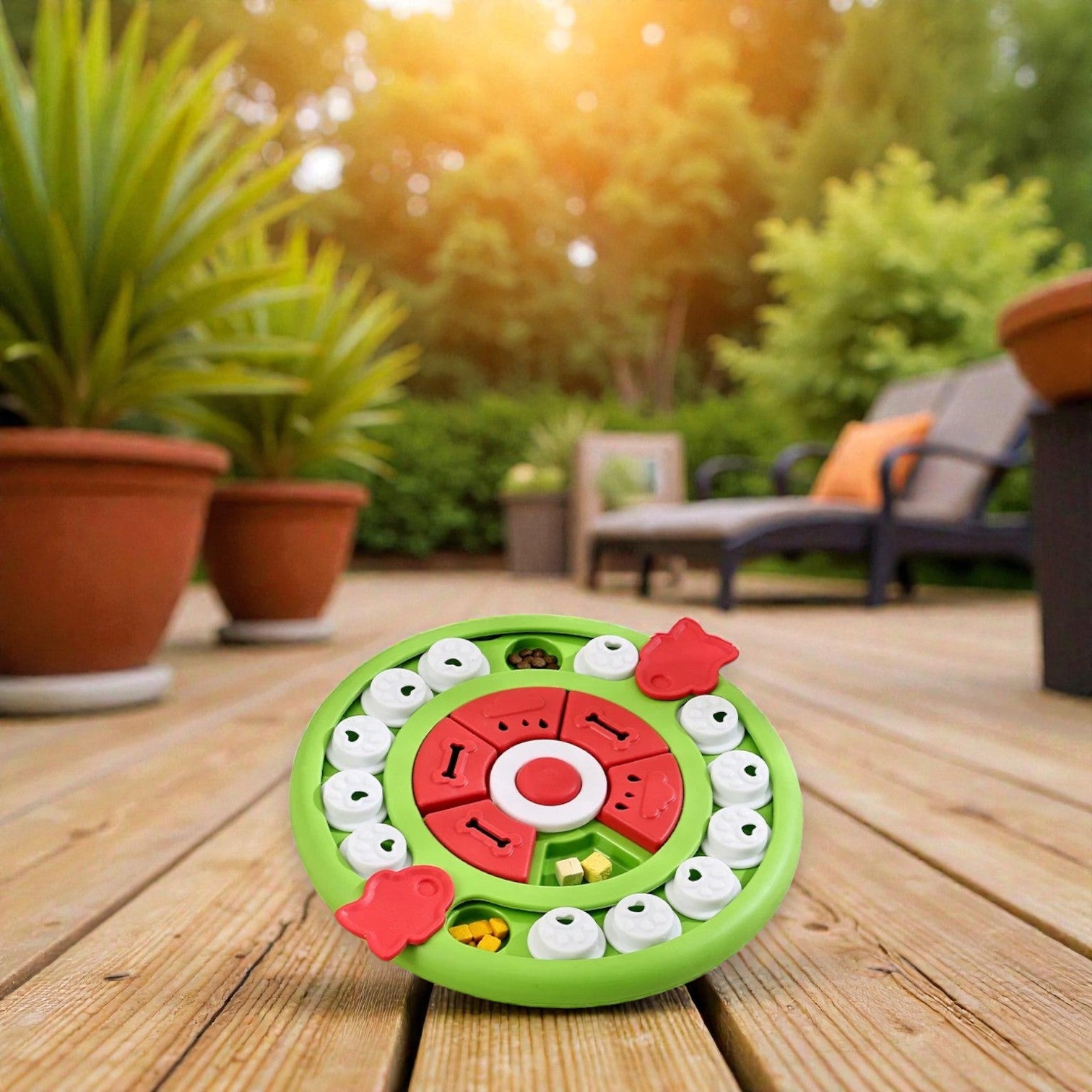jouet pour chien interactif vert dans un jardin