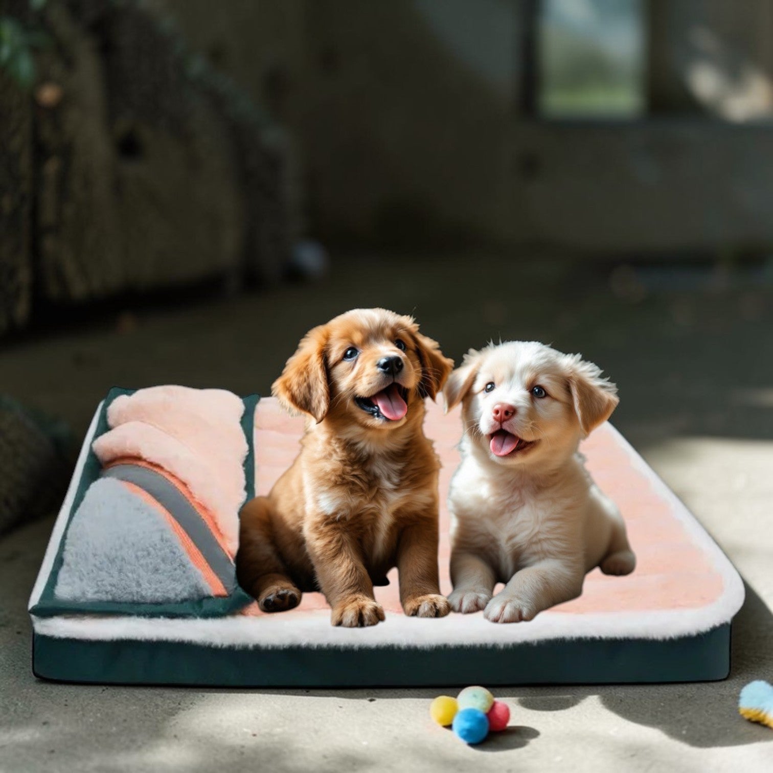 Lit chien en velours  avec deux chiots