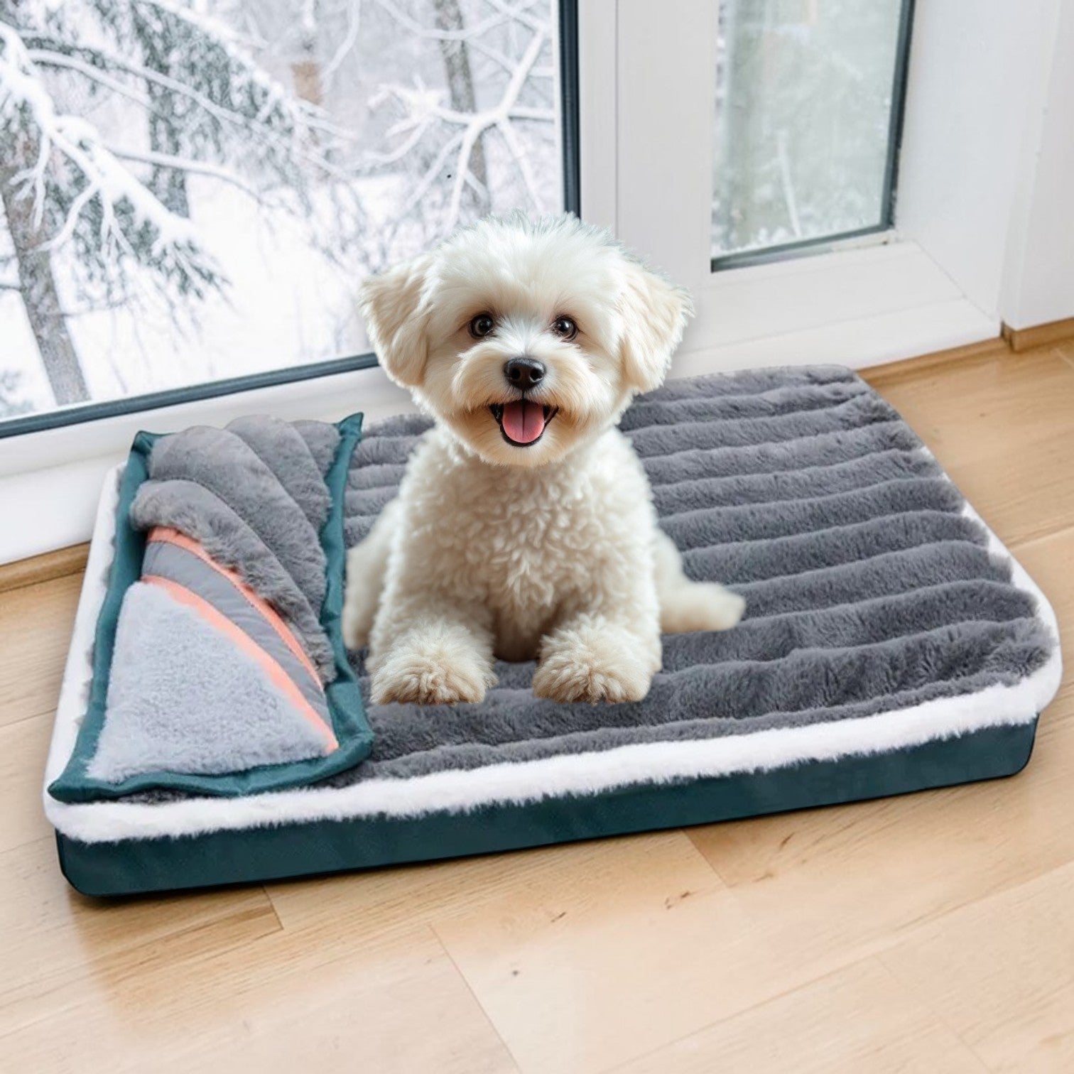 Lit chien en velours avec bichon