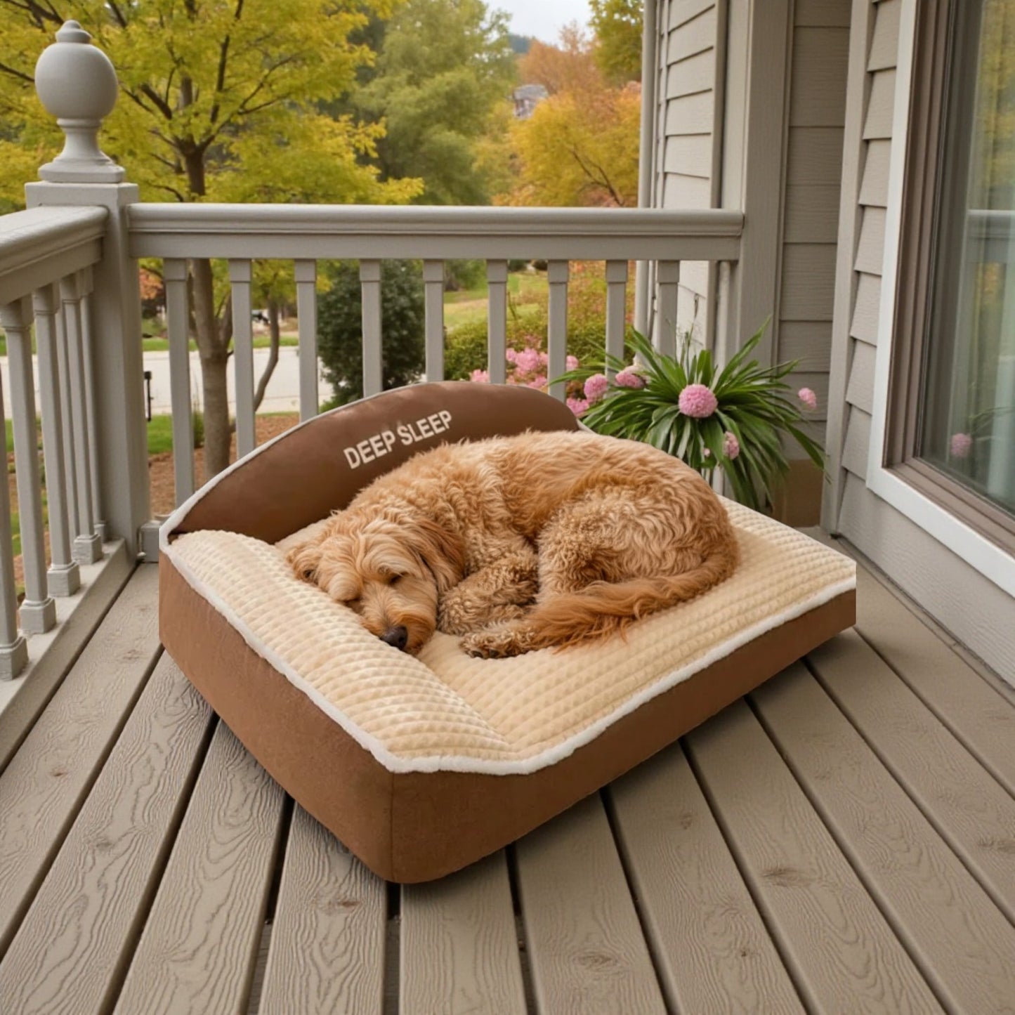 lit pour chien brun avec un goldendoodle