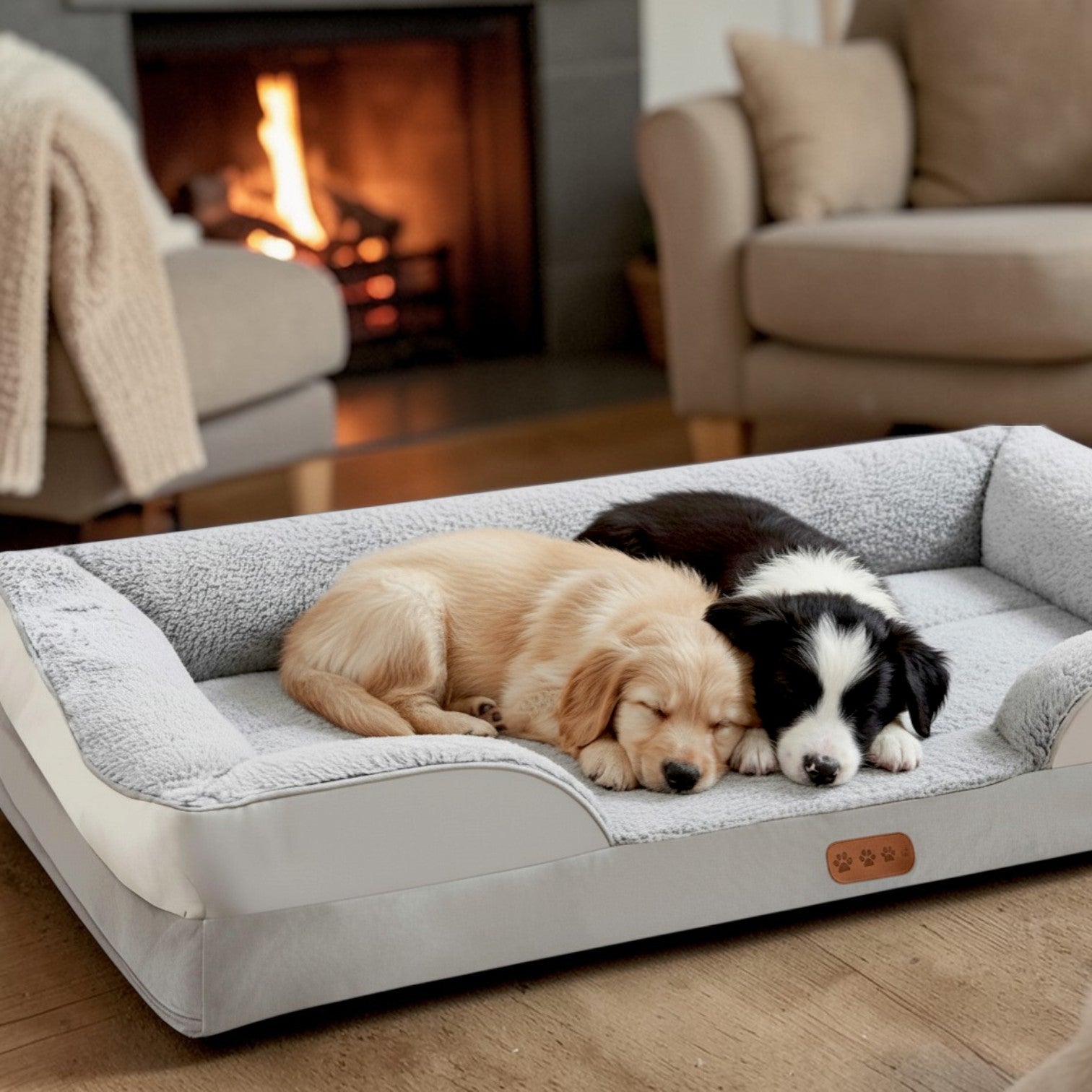 lit pour chien canapé gris avec chiots