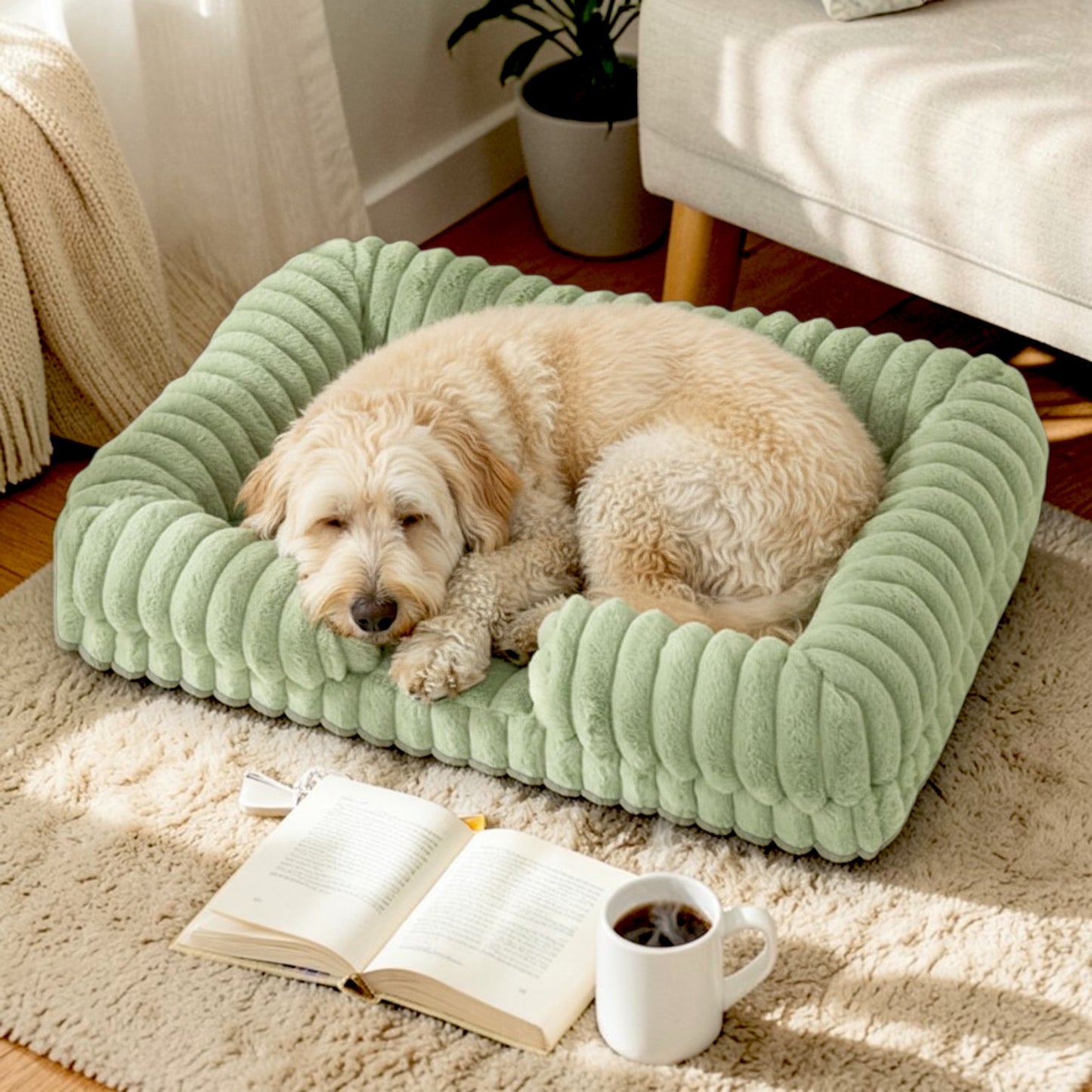 lit pour chien  corduroy vert avec chien
