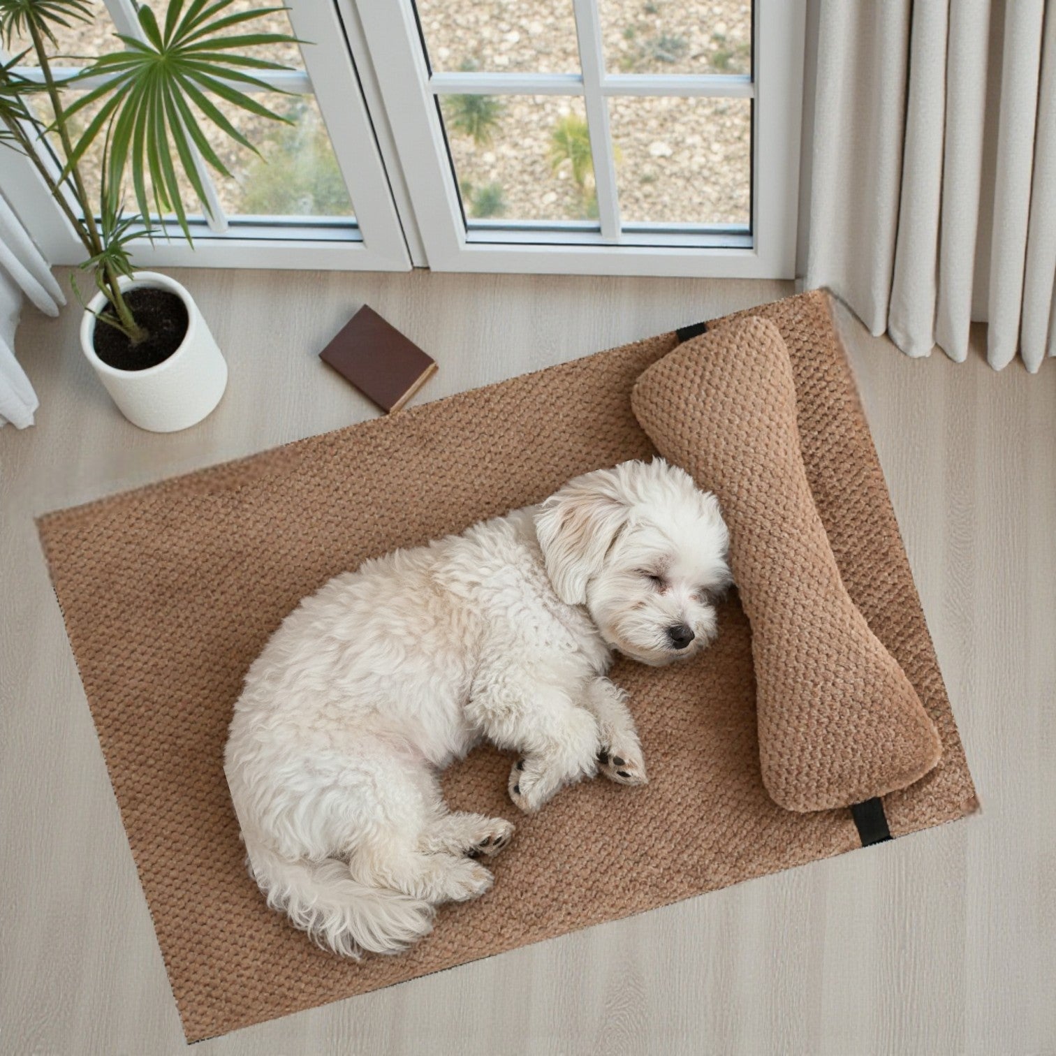 lit pour chien douillet brun avec un bichon