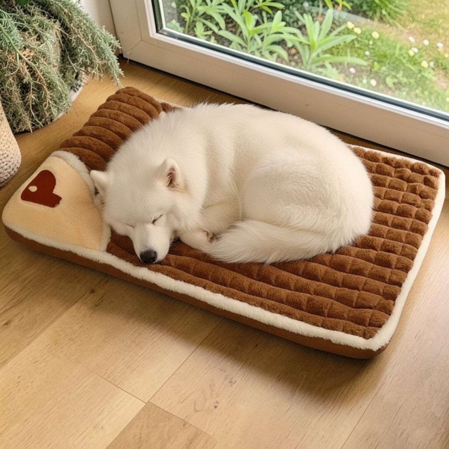 lit pour chien en mousse avec chien blanc