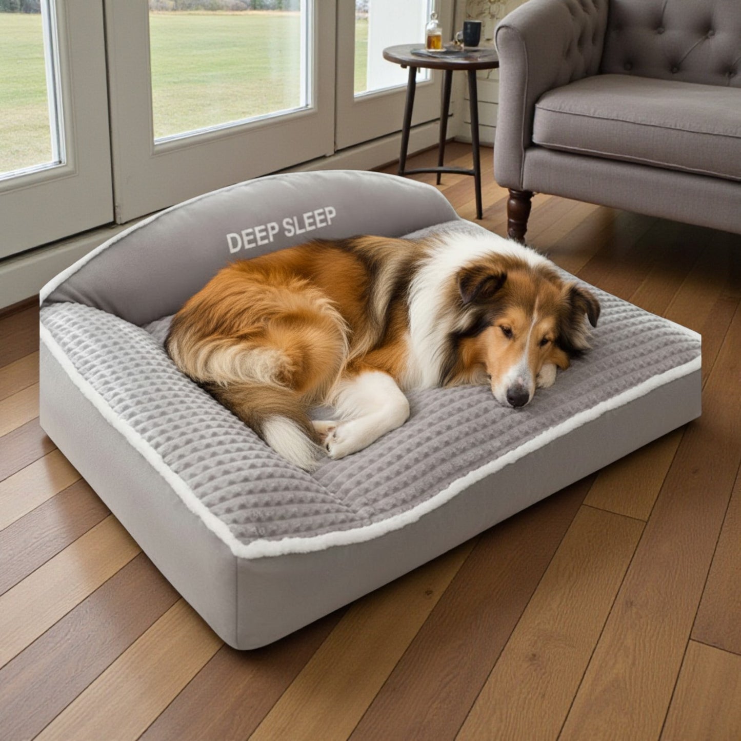 lit pour chien gris avec un collie
