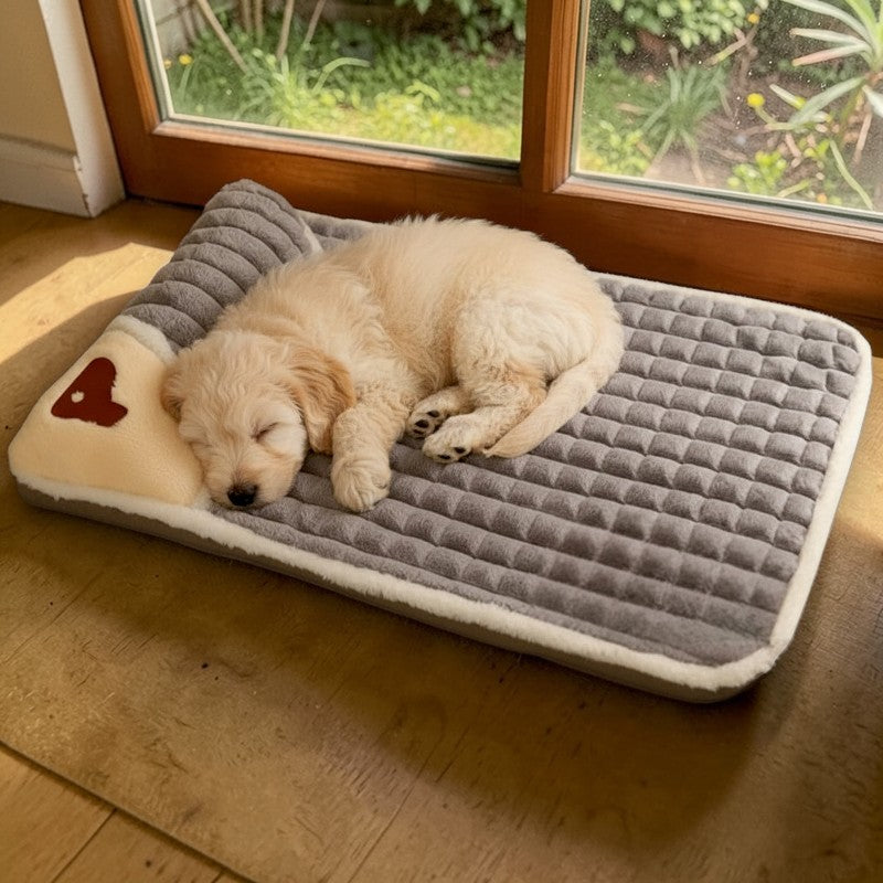 lit pour chien mousse gris avec chiot