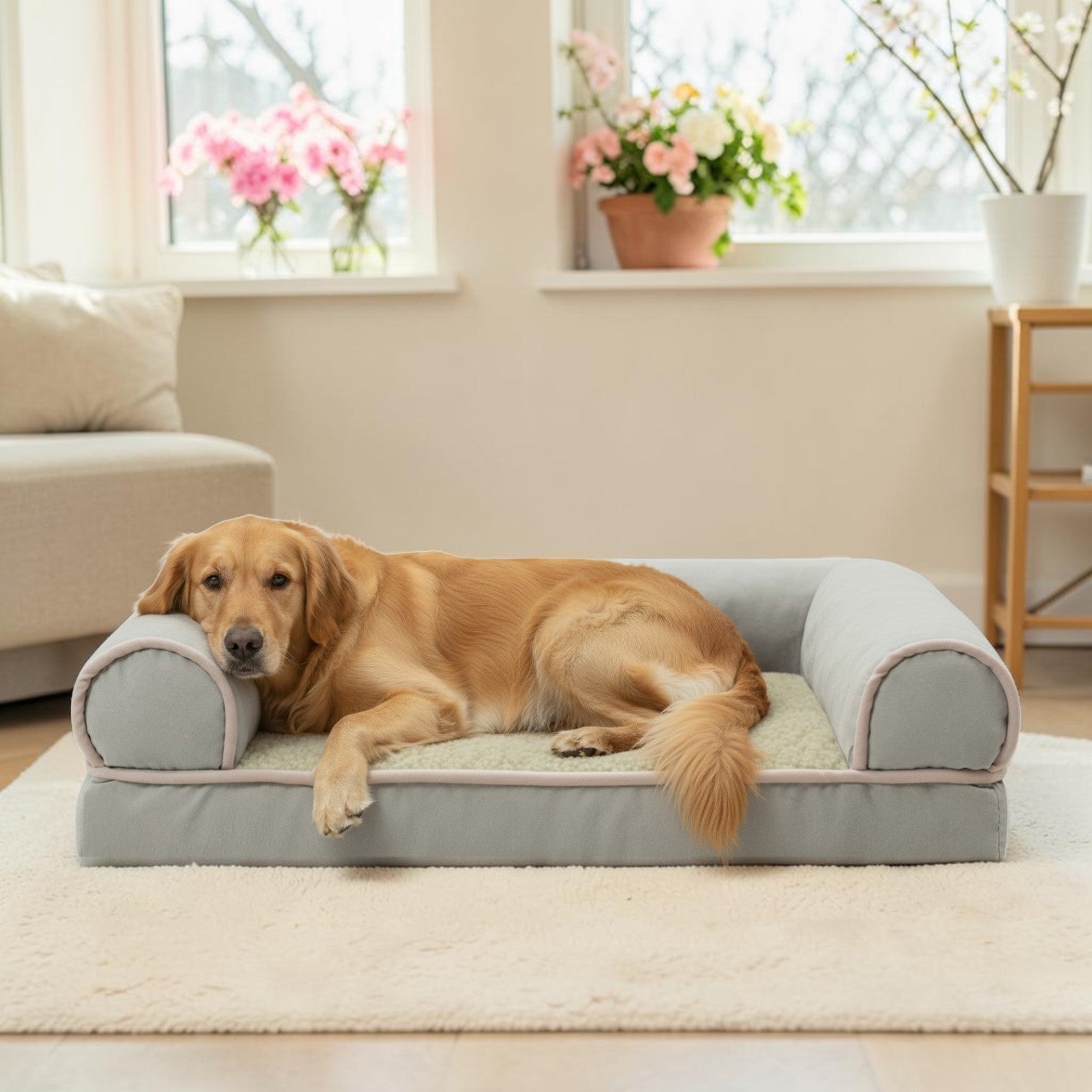 lit pour chien  rebord en suède vert