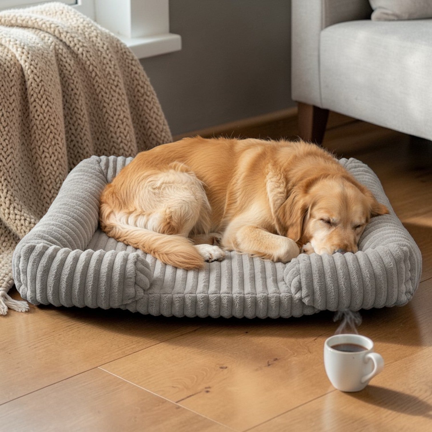 lit pour chien  confortable taupe avec golden retriever