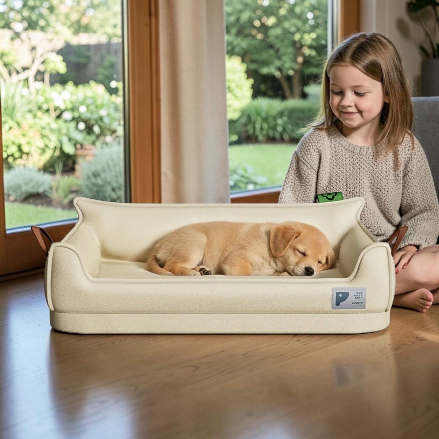 lit pour chien cozy avec un chiot et fille