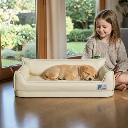 lit pour chien cozy avec un chiot et fille