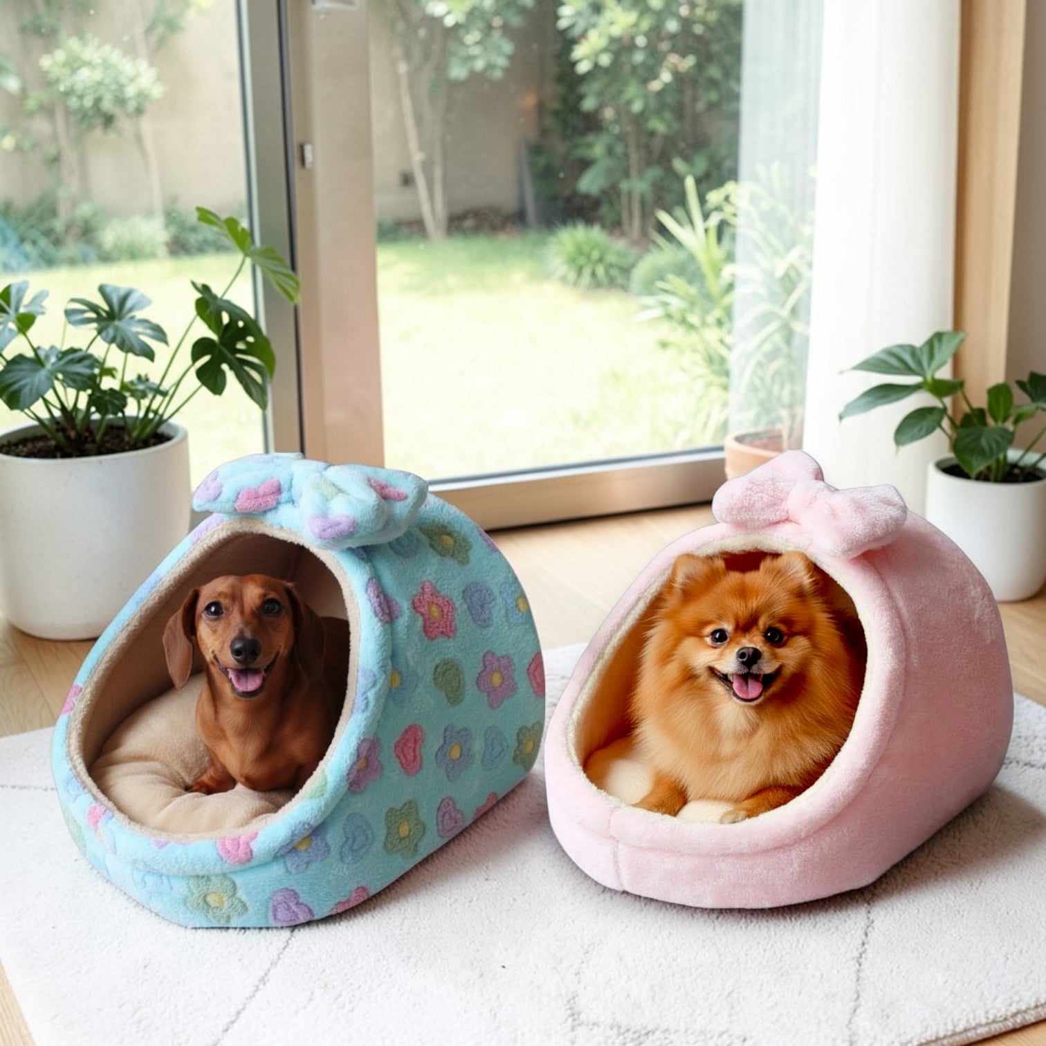 panier chien confortable forme igloo avec deux chiens