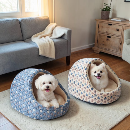 Panier pour chien en forme dôme beige et bleu