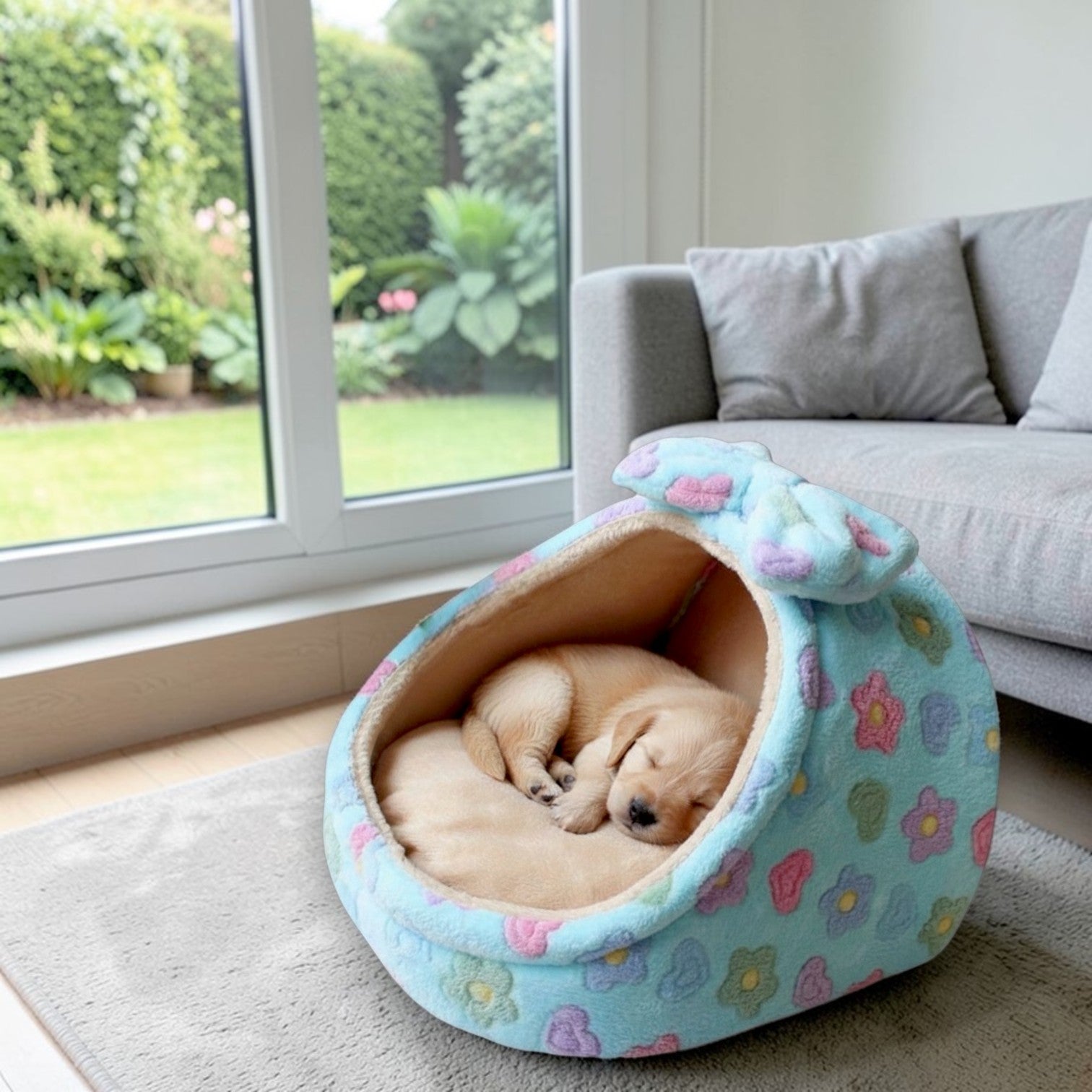 panier chien forme igloo proche fenêtre