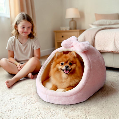 panier chien confortable igloo rose avec une fille
