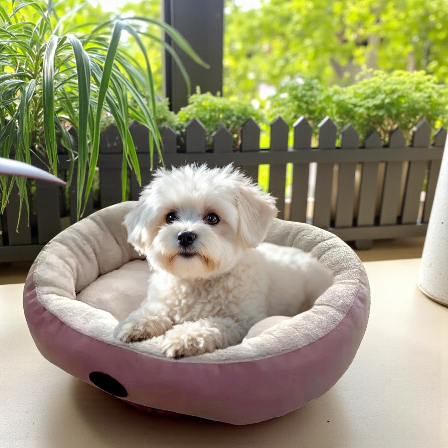 panier chien rose bichon jardin