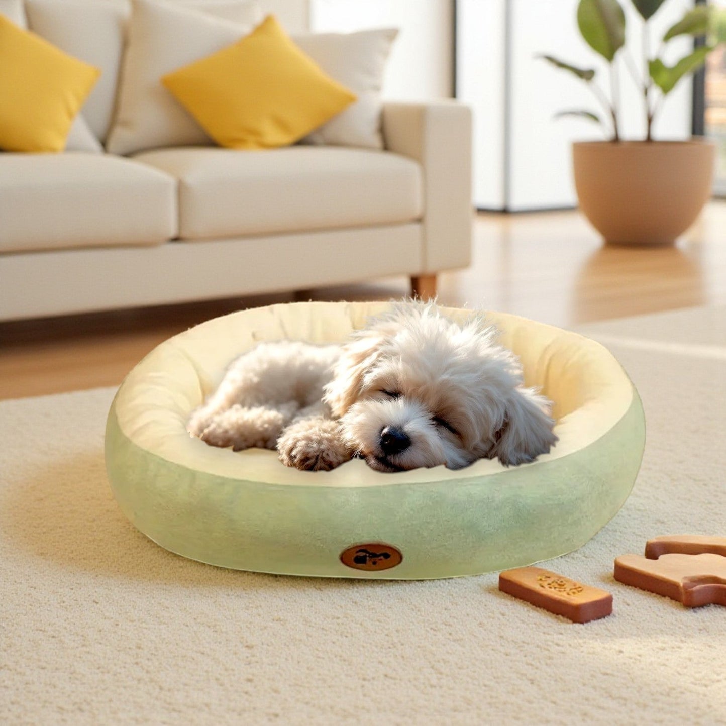 panier chien vert confortable et doux avec chiot