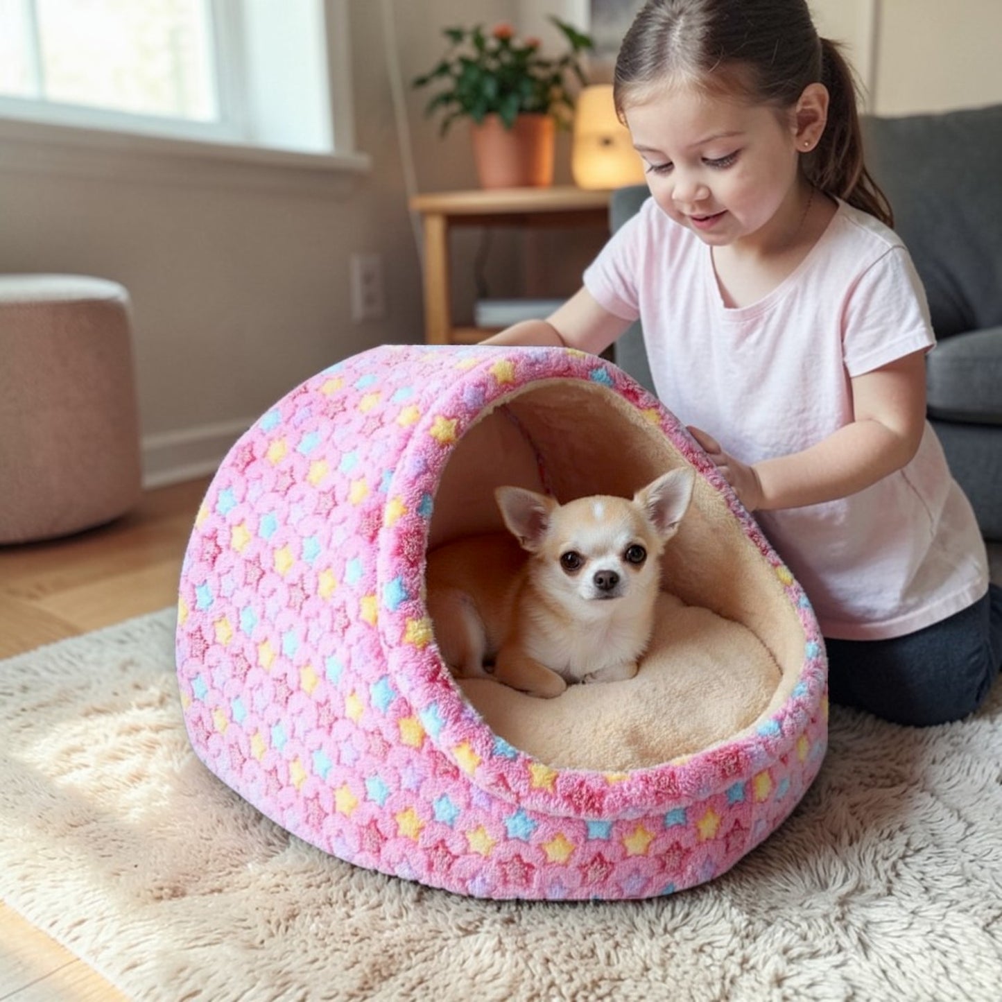 Panier pour chien en forme dôme rose avec fille