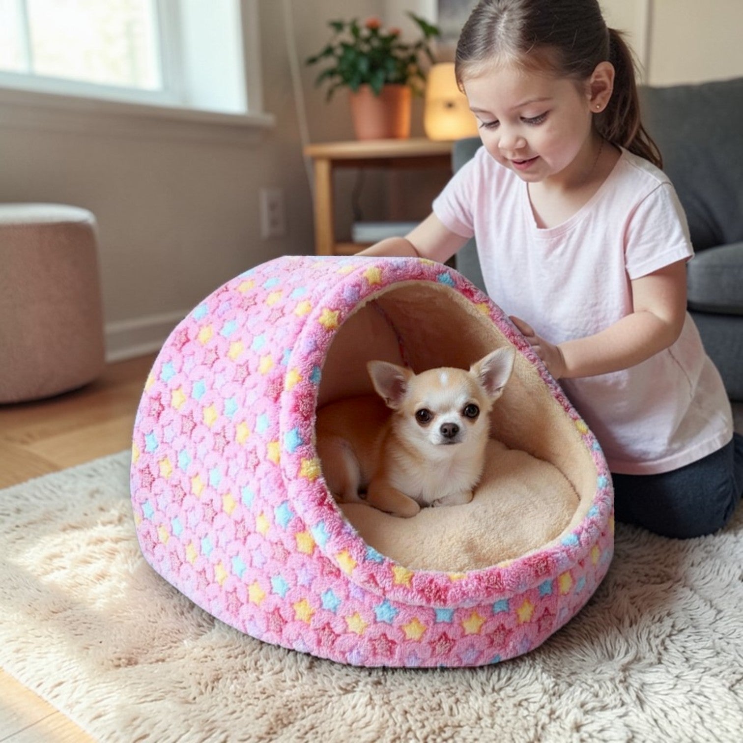 Panier pour chien en forme dôme rose avec fille