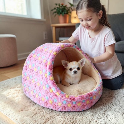 Panier pour chien en forme dôme rose avec fille