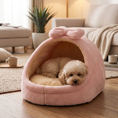 Panier pour chien en forme igloo rose avec caniche 