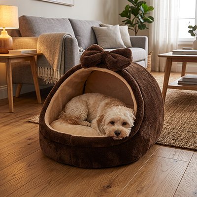 Panier pour chien igloo brun avec goldendoodle