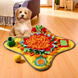 tapis de fouille chien jaune content