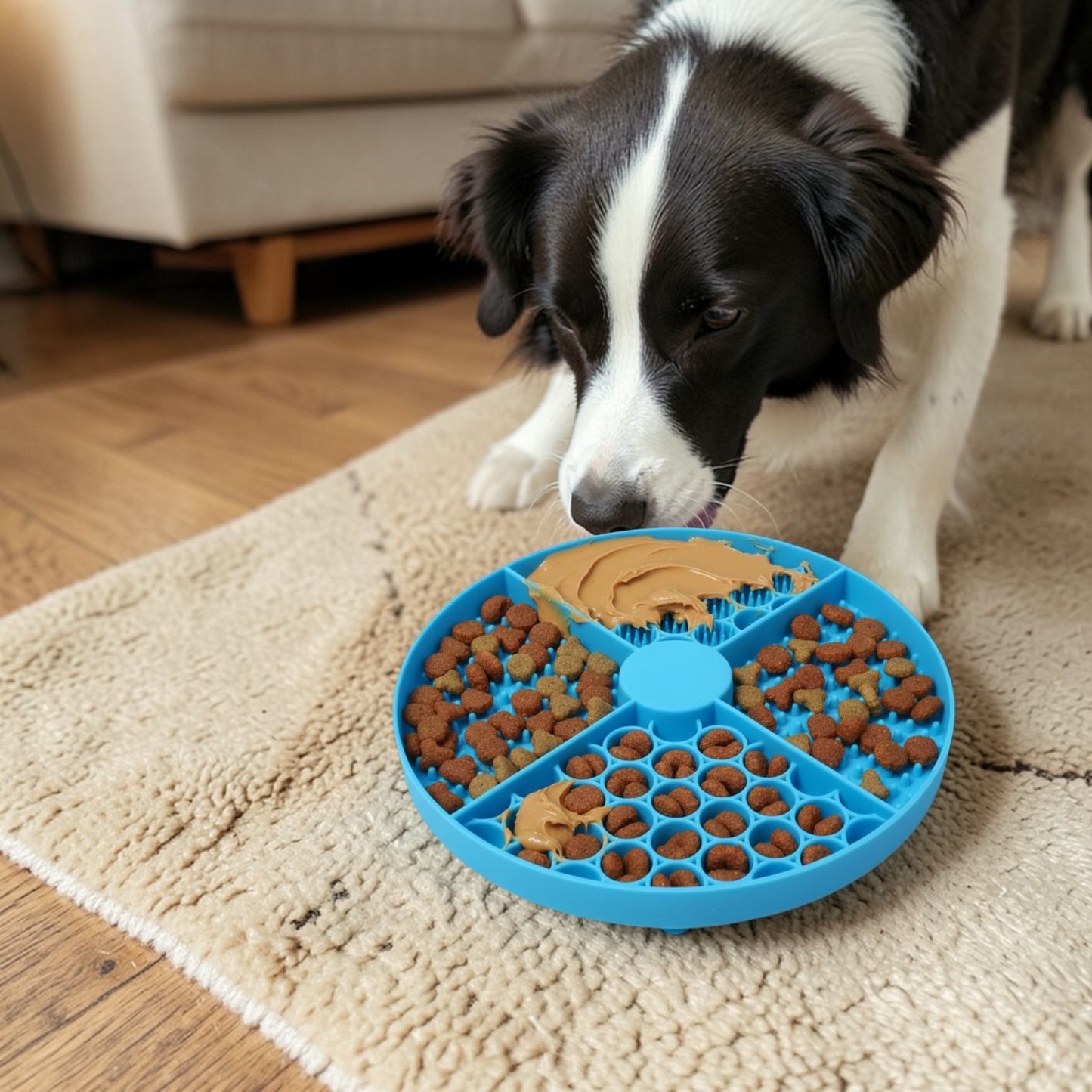 tapis de lechage chien bleu avec border collie