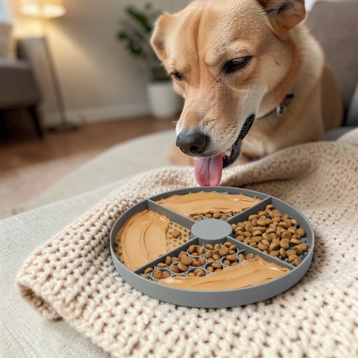 tapis de lechage chien gris avec un chien