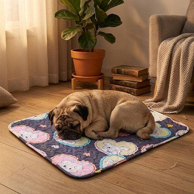 Tapis rafraichissant chien avec un carlin